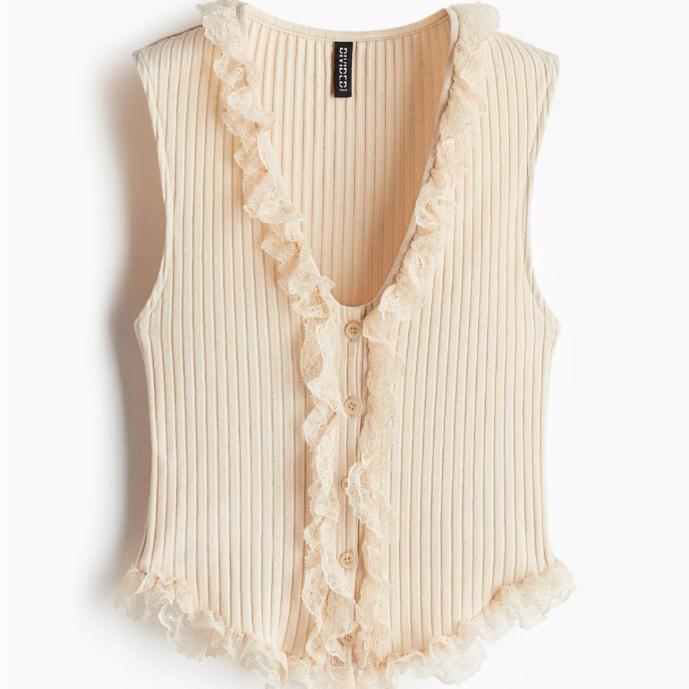 Lace Trim Ribbed Tan Top - Picture 3 of 3